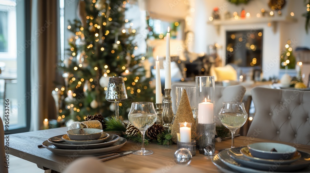 A beautifully set table with candles, glasses, and silverware in a warm and inviting home, illuminated by the soft glow of a Christmas tree in the background A beautifully set table with candles, glasses, and silverware in a warm and inviting home, illuminated by the soft glow of a Christmas tree in the background