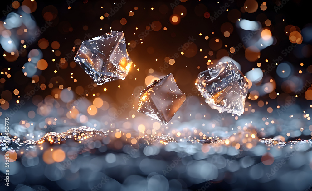 Tiny white octahedron shaped particles floating in a dark background. Tiny white octahedron shaped particles floating in a dark background.