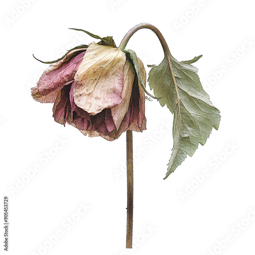 A high-resolution image of a single wilted rose flower with drooping petals and leaves, symbolizing decay and transience.