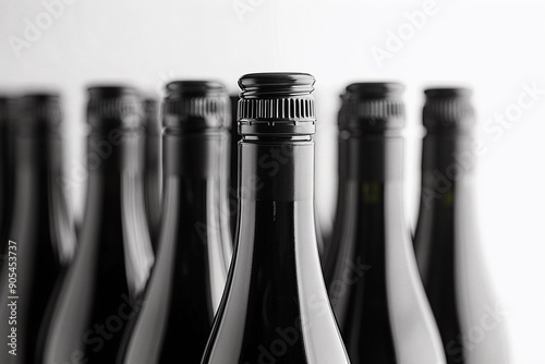 Glass bottles of wine stand in row. White background photo