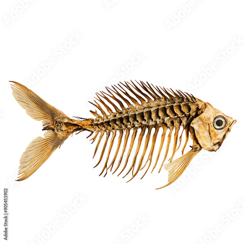 Detailed image of a fish skeleton showing bones and structure on a white background. Ideal for educational or scientific use.