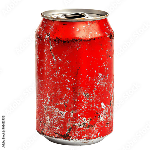 Worn red soda can with scratches and dents on white background. High-resolution image for recycling, environment, or junk-themed projects.