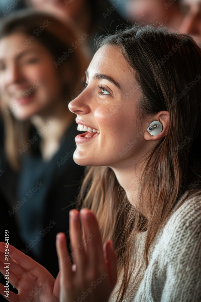 Young deaf music teacher with hearing aids singing with the children in class Young deaf music teacher with hearing aids singing with the children in class