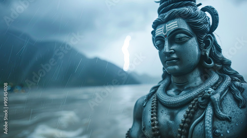 Lord Shiva statue sculpture hindu god religion spirituality faith devotional divine powerful blue wet rainy season monsoon rain drops water mountain hill nature outdoors weather climate atmosphere © Graphic Dude