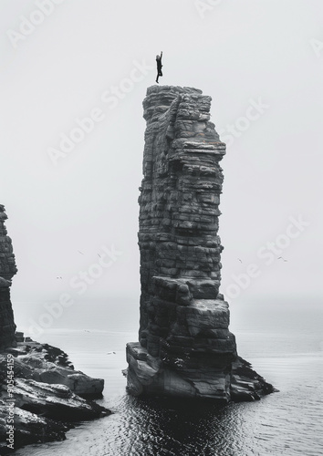 Man falling from totem pole, split ocean-rock backdrop.