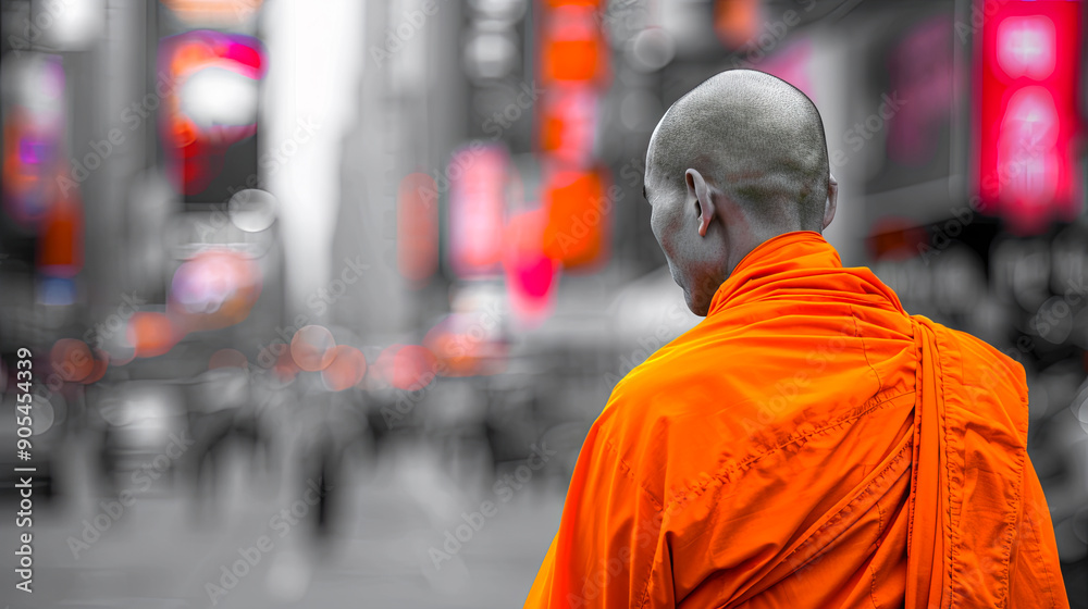 Buddhist monk orange robe standing urban city background people crowd gray colours contrast religion spirituality calmness faith tradition culture lifestyle travel tourism asia faith contemplation Buddhist monk orange robe standing urban city background people crowd gray colours contrast religion spirituality calmness faith tradition culture lifestyle travel tourism asia faith contemplation