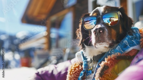 A dog wearing sunglasses and a colorful blanket, relaxing on a sunny winter day, with a blurry background of a wooden chalet