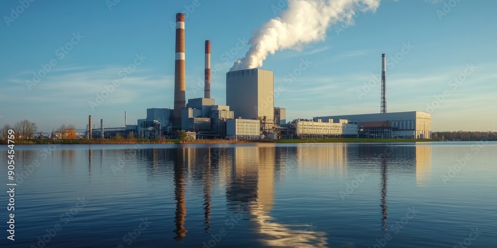 Industrial Complex Reflecting in a Still Lake at Sunset Industrial Complex Reflecting in a Still Lake at Sunset