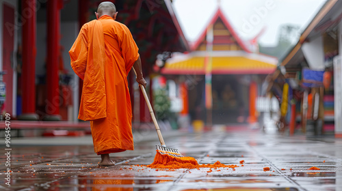 Buddhist monk sweeping flower petals in temple buddhism religion tradition culture orange robe cleaning spirituality faith ritual worship asian spirituality barefoot monk chores photo