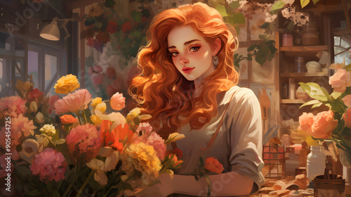 A red-haired girl with flowers