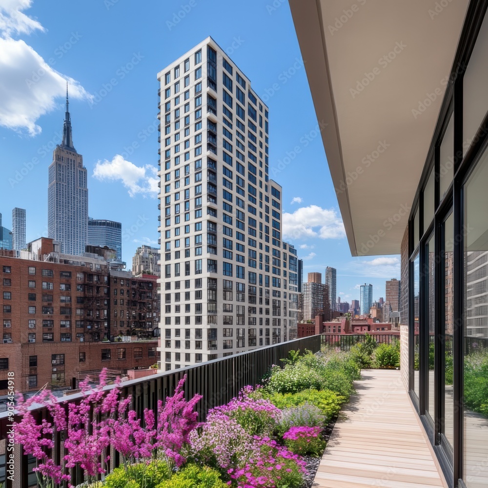 Fototapeta premium City skyline with plants and flowers on balcony