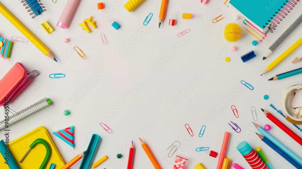 Background frame of colorful school supplies isolated on white iwith copy space. Back to school concept Background frame of colorful school supplies isolated on white iwith copy space. Back to school concept