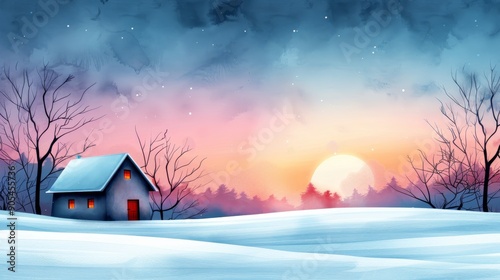A serene winter scene showcasing a cozy house surrounded by snow at sunset, evoking a sense of peace and tranquility. © Naphol
