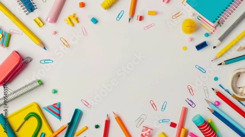 Background frame of colorful school supplies isolated on white iwith copy space. Back to school concept