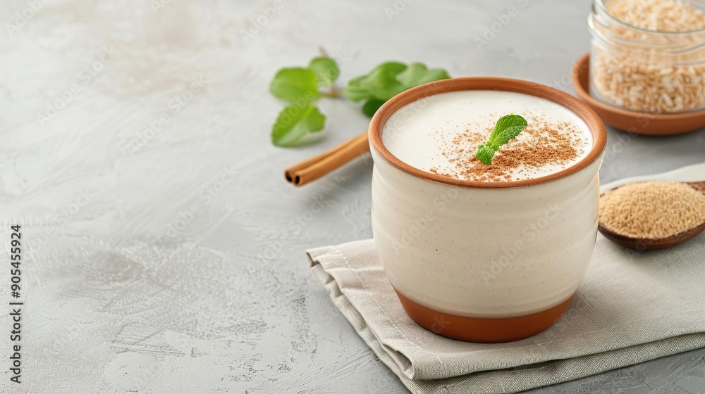 A glass of amaranth milk with cinnamon and mint garnish, on a rustic background. A glass of amaranth milk with cinnamon and mint garnish, on a rustic background.