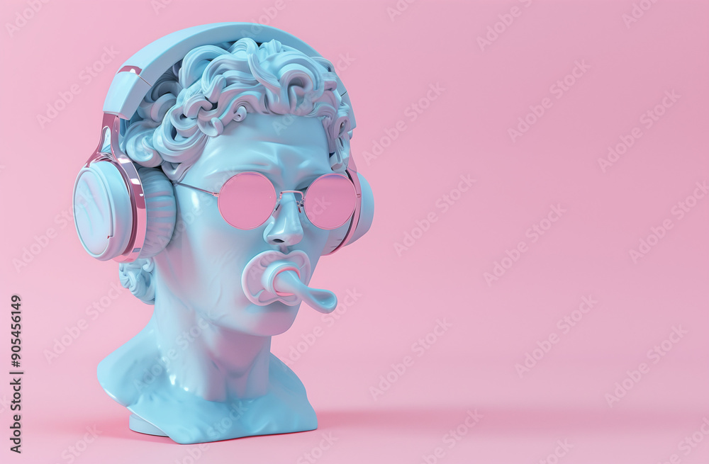 An antique sculpture wearing headphones and sunglasses, with a baby pacifier in its mouth. Pink background. An antique sculpture wearing headphones and sunglasses, with a baby pacifier in its mouth. Pink background.