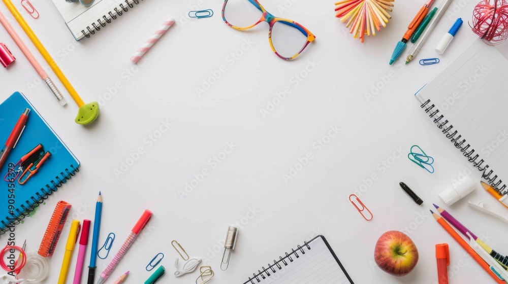 Background frame of colorful school supplies isolated on white iwith copy space. Back to school concept Background frame of colorful school supplies isolated on white iwith copy space. Back to school concept