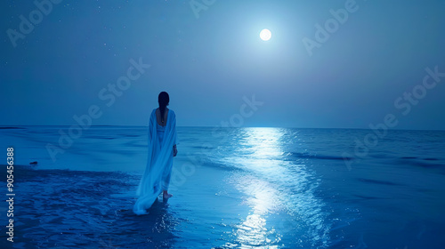 Woman white dress standing ocean beach night full moon stars serene peaceful seascape night sky beautiful landscape moonlight magical atmosphere solitude nature concept background wallpaper