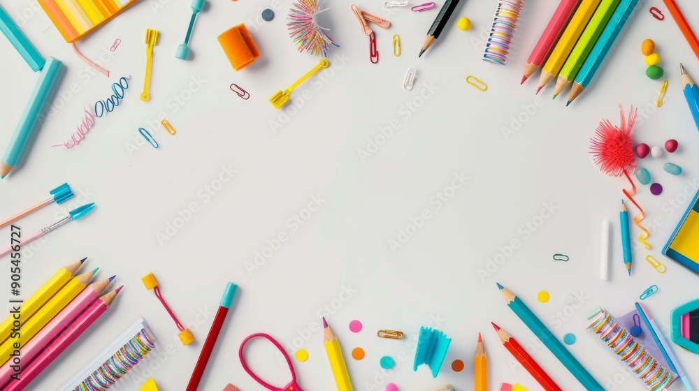 Background frame of colorful school supplies isolated on white iwith copy space. Back to school concept Background frame of colorful school supplies isolated on white iwith copy space. Back to school concept