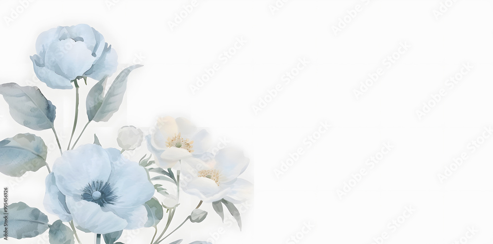 Fototapeta premium Watercolor blue floral frame on white background, pastel colors, with copy space for text. Elegant blue flowers, invitation wedding card