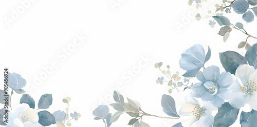 Fototapeta Naklejka Na Ścianę i Meble -  Watercolor blue floral frame on white background, pastel colors, with copy space for text. Elegant blue flowers, invitation wedding card