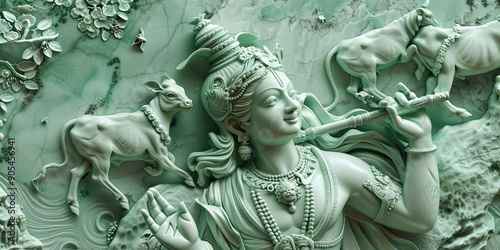 Lord Krishna playing flute hindu god sculpture cows religious spirituality marble carving