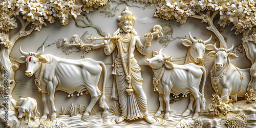 Hindu god Krishna playing flute with cows sculpture art Handmade work of hindu god Krishna
