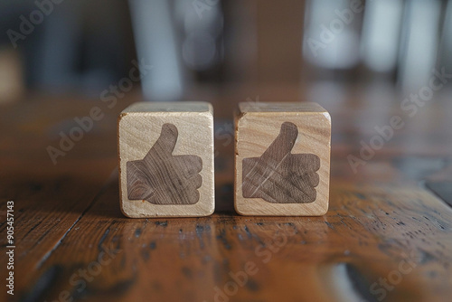 Success or approval. Wooden cubes with thumbs up symbol on table photo