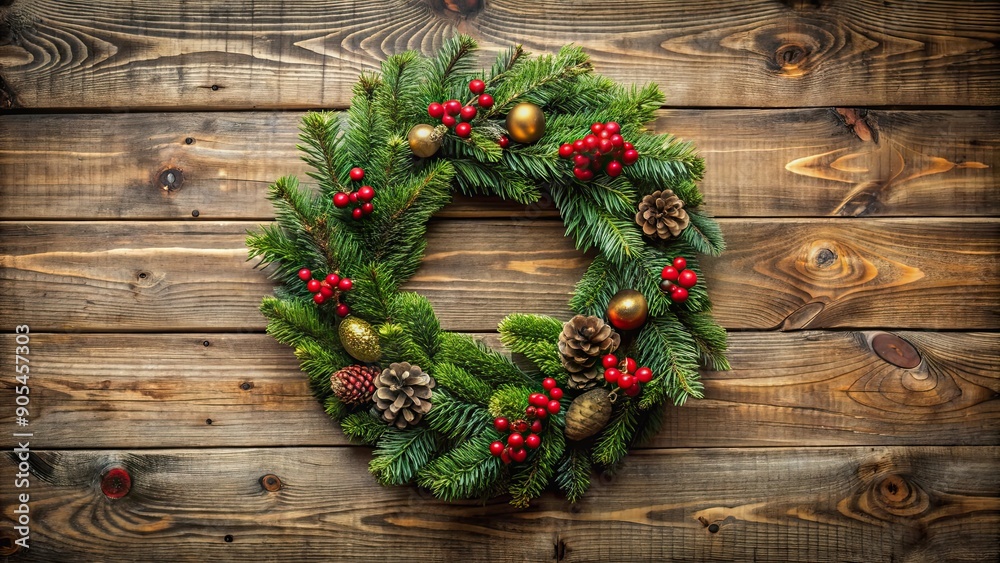 Christmas wreath hanging on rustic wood background, festive, holiday, decoration, evergreen, pine, seasonal, traditional Christmas wreath hanging on rustic wood background, festive, holiday, decoration, evergreen, pine, seasonal, traditional