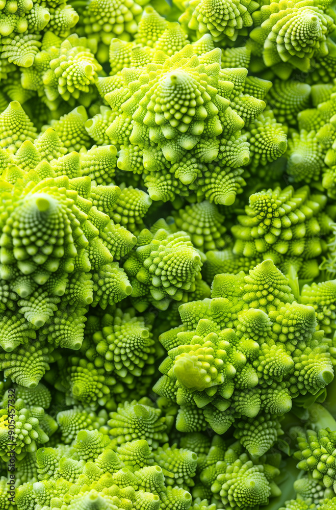 Macro photography captures the mesmerizing fractal patterns of romanesco broccoli in vibrant green hues.Flat lay,copy space Macro photography captures the mesmerizing fractal patterns of romanesco broccoli in vibrant green hues.Flat lay,copy space