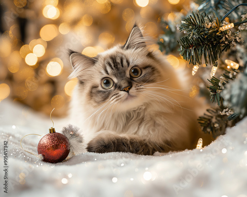 Christmas Cat background. Happy new year backdrop. Celebrating winter holidays card