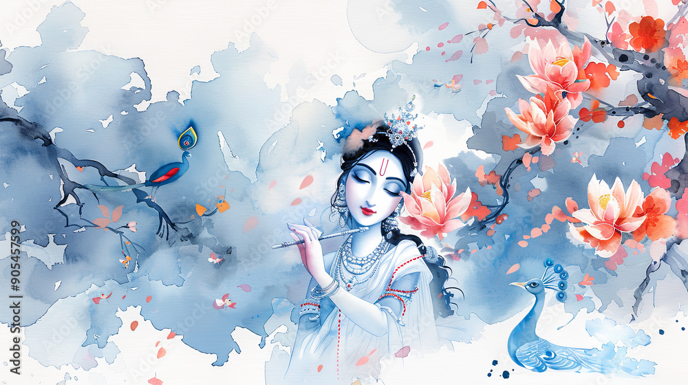 Obraz premium Beautiful watercolor painting of Lord Krishna playing flute surrounded by peacocks and nature n hindu god religious artwork spirituality traditional culture belief divine art