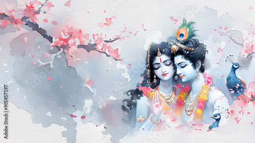 Watercolor Radha Krishna painting peacock feather love devotion hinduism god religious spirituality art