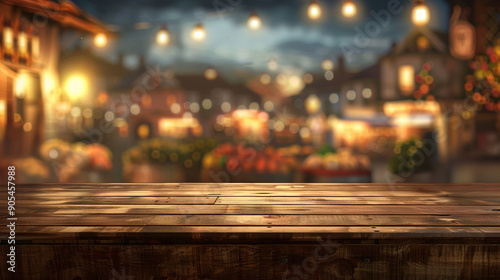 Illustration of Empty wooden table with blurred outdoor night market background. Festive lights and colorful market stalls in the evening. Market background for design and print, poster, banner.