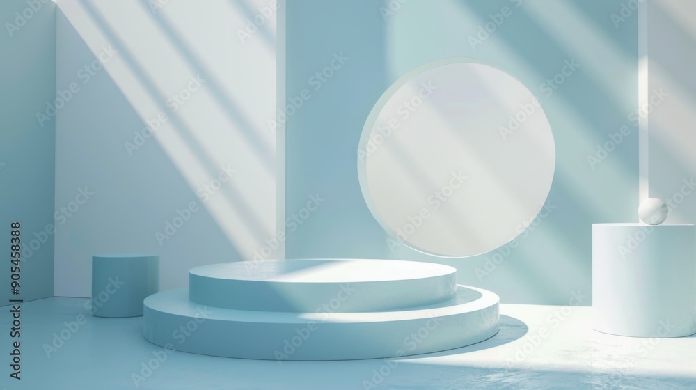 3d geometric forms. Blank podium display in pastel white blue color. Minimalist pedestal or showcase scene for present product and mock up 3d geometric forms. Blank podium display in pastel white blue color. Minimalist pedestal or showcase scene for present product and mock up