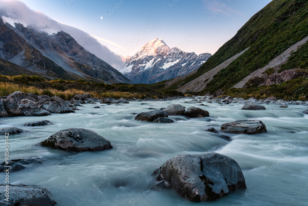 Hooker Valley Track With Mt Cook Or Aoraki And Hooker Lake Flowing In Hooker Valley Track With Mt Cook Or Aoraki And Hooker Lake Flowing In