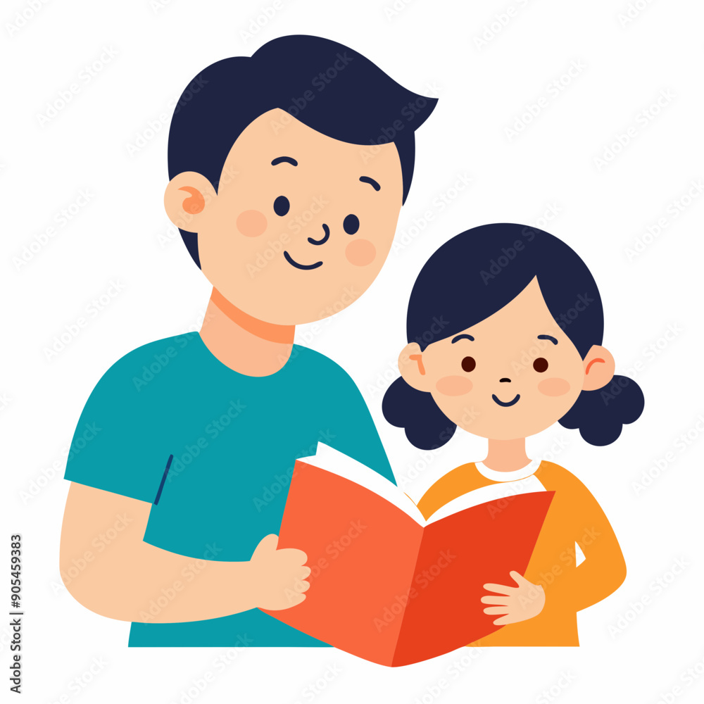 cute girl read books with dad leaf on white bg vector illustration cute girl read books with dad leaf on white bg vector illustration