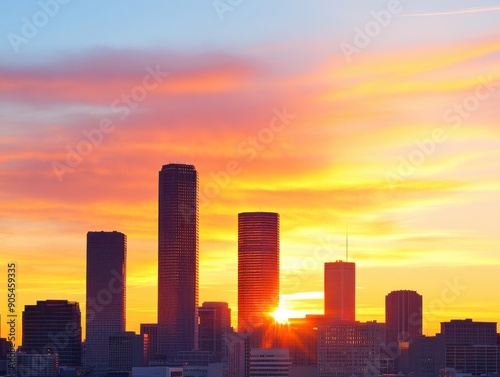 Dramatic city skyline silhouette with sun peeking through skyscrapers at sunset