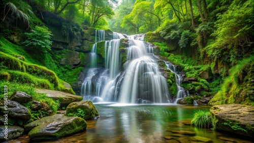 Beautiful waterfall cascading down rocks in a lush green forest setting, waterfall, nature, forest, landscape, scenic