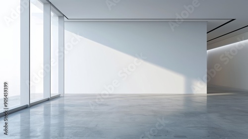 Empty room with concrete floor. A spacious, light-filled interior with a polished concrete floor and expansive windows, offering a blank canvas for design possibilities. © Lull