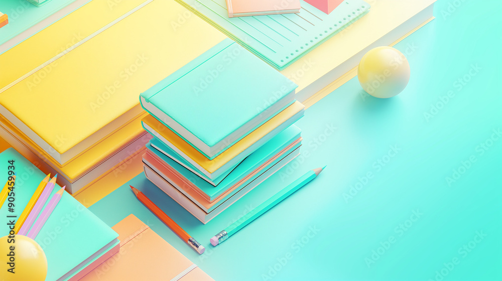 colorful notebooks and pencils on geometric background colorful notebooks and pencils on geometric background