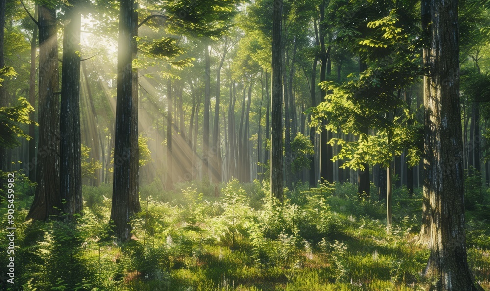 Peaceful forest scene with tall trees and dappled sunlight, natural tranquility Peaceful forest scene with tall trees and dappled sunlight, natural tranquility