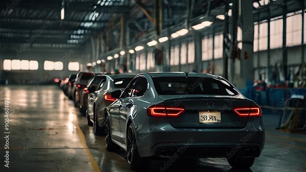 Row of New Cars in a Modern Automotive Factory Row of New Cars in a Modern Automotive Factory
