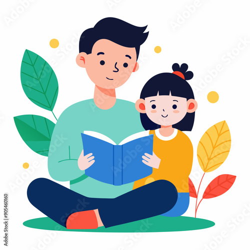 cute girl read books with dad leaf on white bg vector illustration