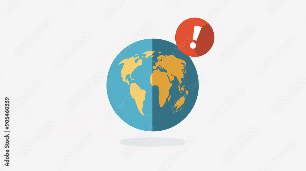 Simple illustration of globe icon with red Exclamation point isolated on white background with copy space. 3D illustration for design and print, poster, banner. Simple illustration of globe icon with red Exclamation point isolated on white background with copy space. 3D illustration for design and print, poster, banner.