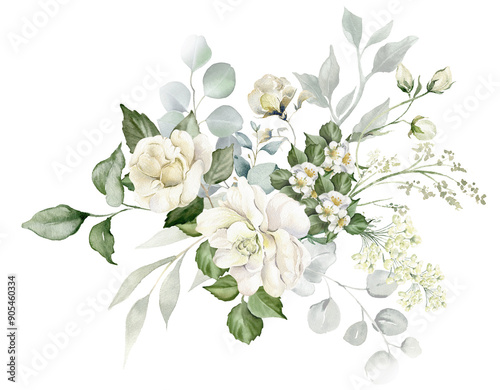 Watercolor white flowers arrangement. Floral bouquet of creamy peony, ivory rose, sage green foliage,  greenery and eucalyptus leaves.  Hand painted illustration for wedding invitation, background