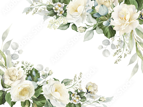 Watercolor white flowers corner border. Floral bouquet of creamy peony, ivory rose, sage green foliage,  greenery and eucalyptus leaves.  Hand painted illustration for wedding invitation, background