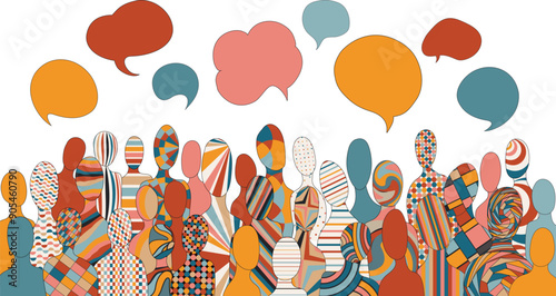 Communication across diverse cultures -  Multicultural dialogue represented by abstract geometric silhouette and speech bubbles of multiethnic individuals. Diversity equality inclusion