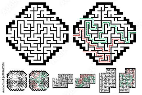 Set of labyrinths, mazes conundrums for kids. Baby puzzles with entry and exit. Children riddle games.
