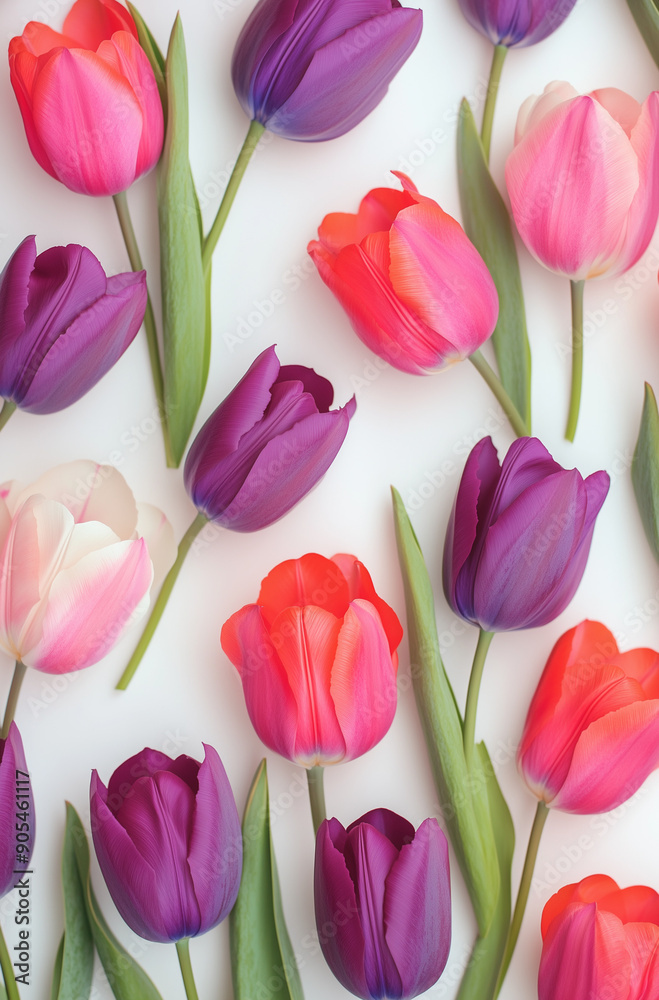 Purple, pink, and red tulips arranged in a pattern on a white background in a flat lay photography. Purple, pink, and red tulips arranged in a pattern on a white background in a flat lay photography.